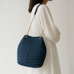 Quilted Navy Shoulder Bag with Gold Chain Strap